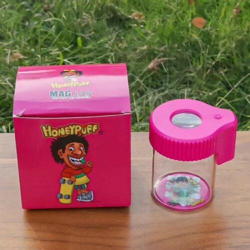 Glass Jar With Magnifying Lid and Light, Honeypuff Light-Up LED Transparent Mag Viewing Glass Storage Container Clear Stash Jars.