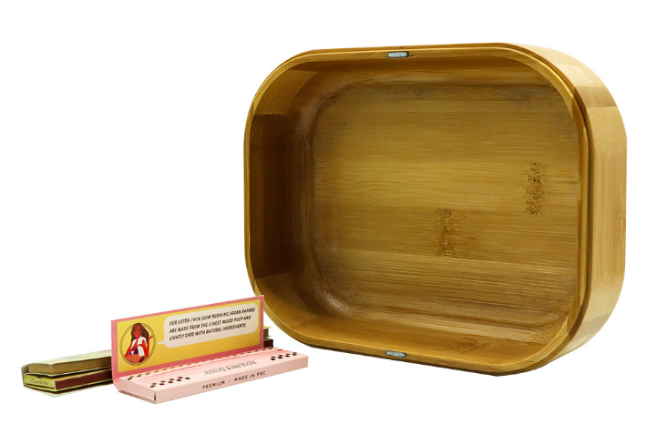 Bamboo storage box with magnetic cover n rolling tray 3in 1 set cigarette set cigar tray 