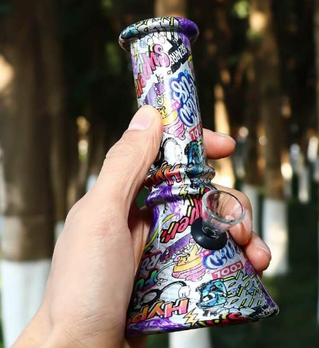 Water transfer printed glass pot with silver bottom reflective pattern glass water bong