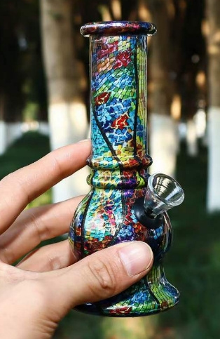 Water transfer printed glass pot with silver bottom reflective pattern glass water bong
