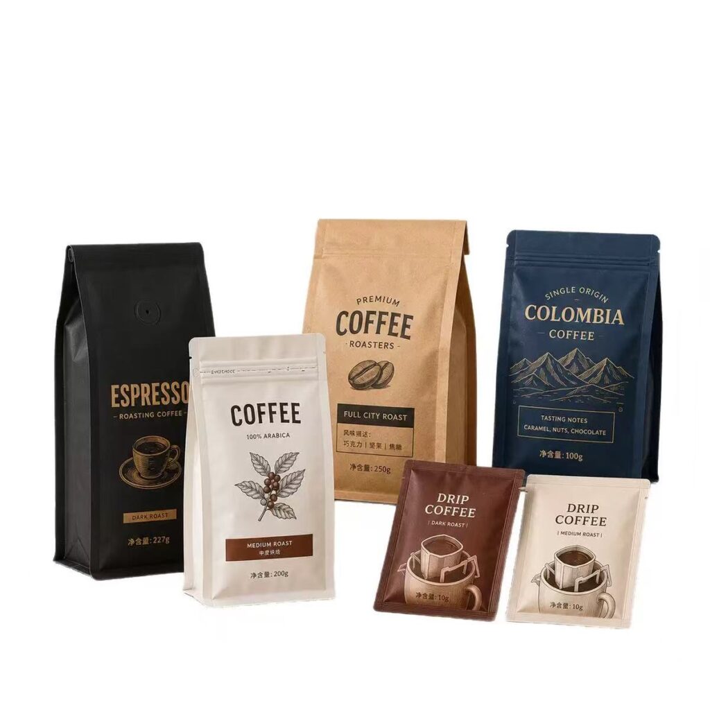 Customized coffee and food packaging bags 8 side seal stand up pouches
